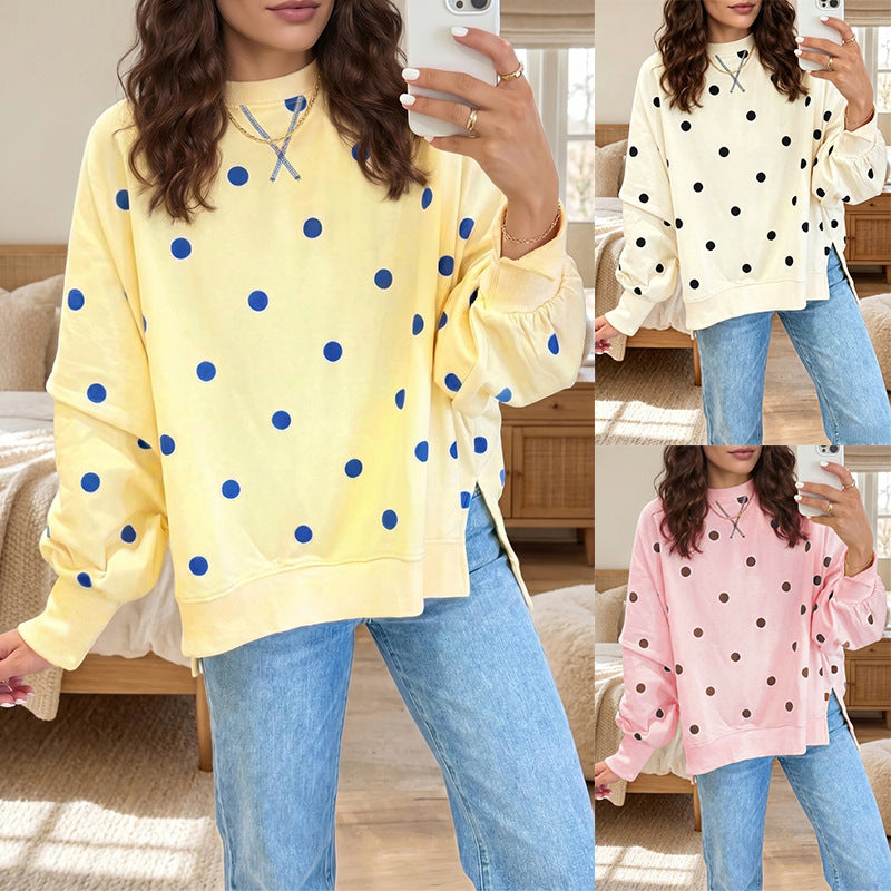 Women's loose hoodie with polka dot print and contrasting colors