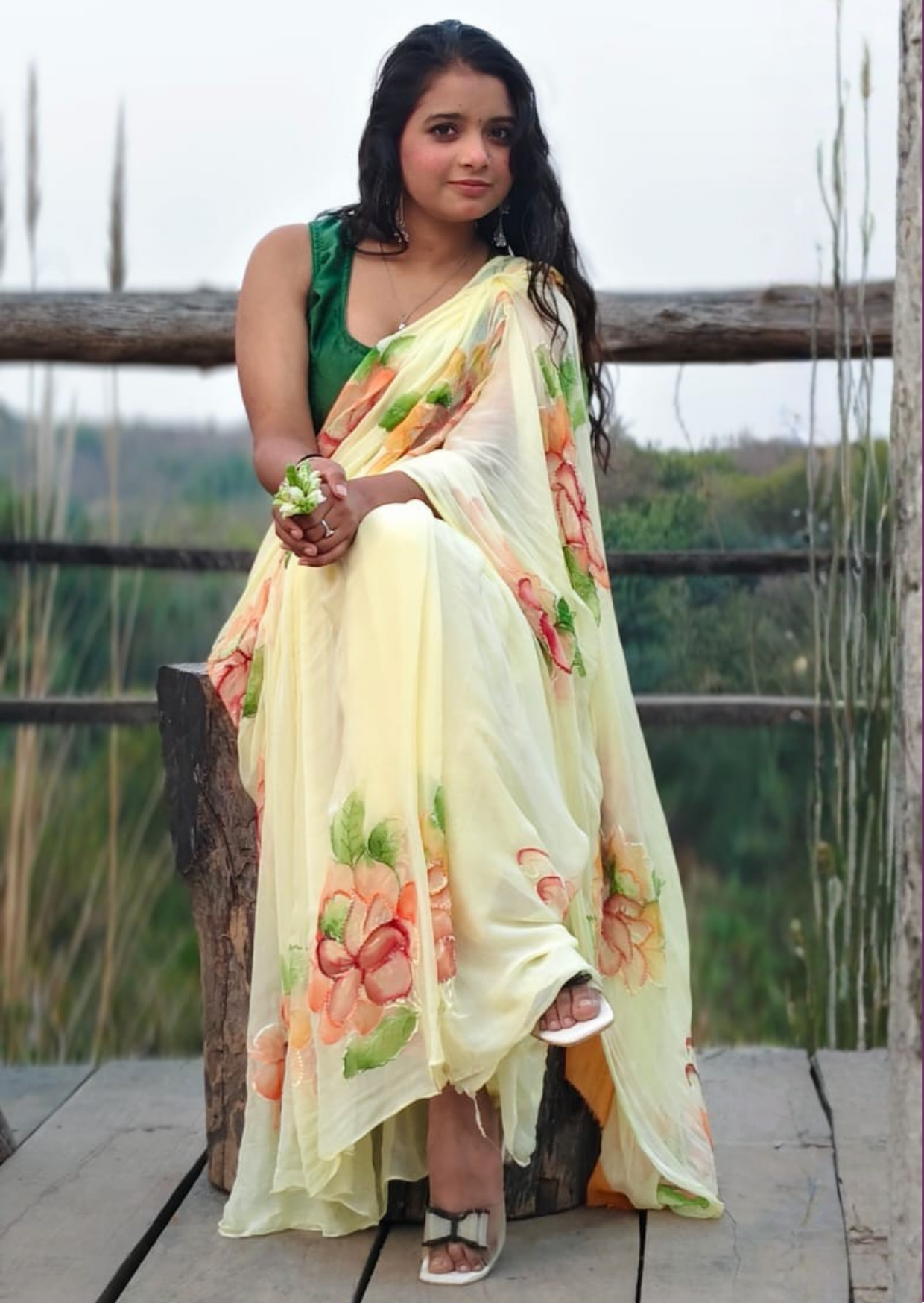 Buttercream Bloom Pure Chiffon Handpainted Saree