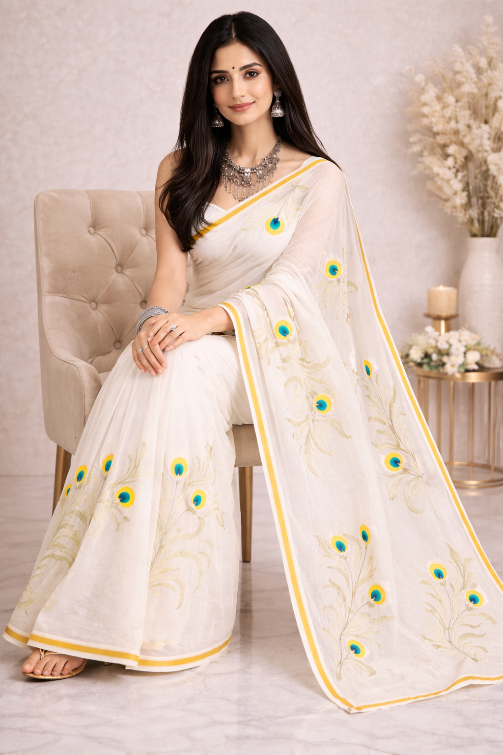 Morpakhi Handpainted Birla Cotton Saree with Golden Zari Border