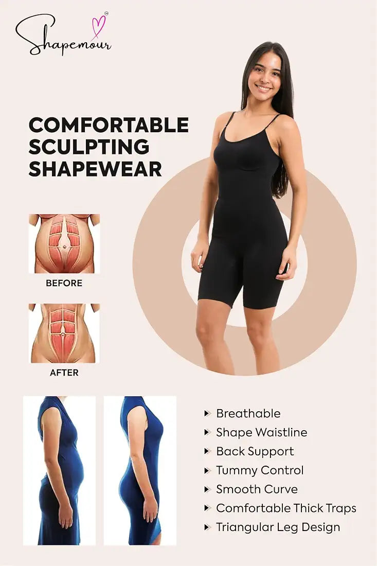 SHAPEMOUR Mid Thigh Bodysuit Bodyshaper, Sculpting Design Shapewear for Women, Body Shaper with Silicone Grip, No Steel Bones for All Day Comfort, Smooth and Seamless Fit