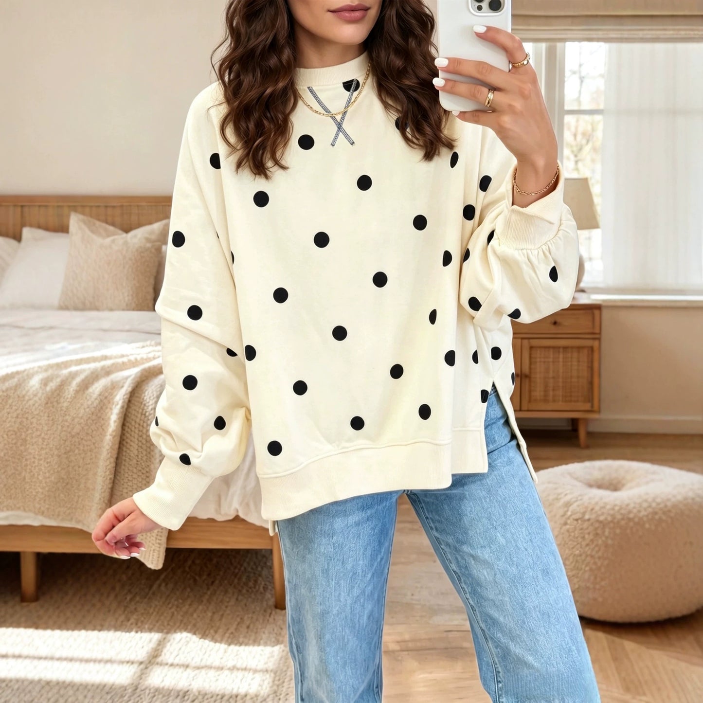 Women's loose hoodie with polka dot print and contrasting colors