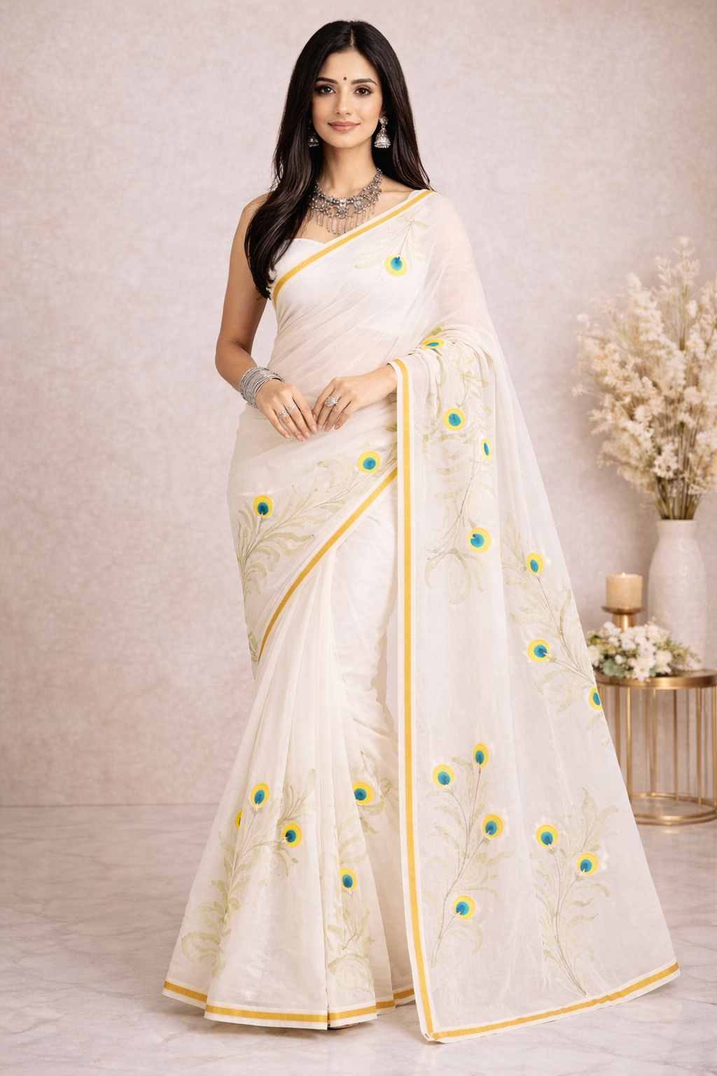 Morpakhi Handpainted Birla Cotton Saree with Golden Zari Border
