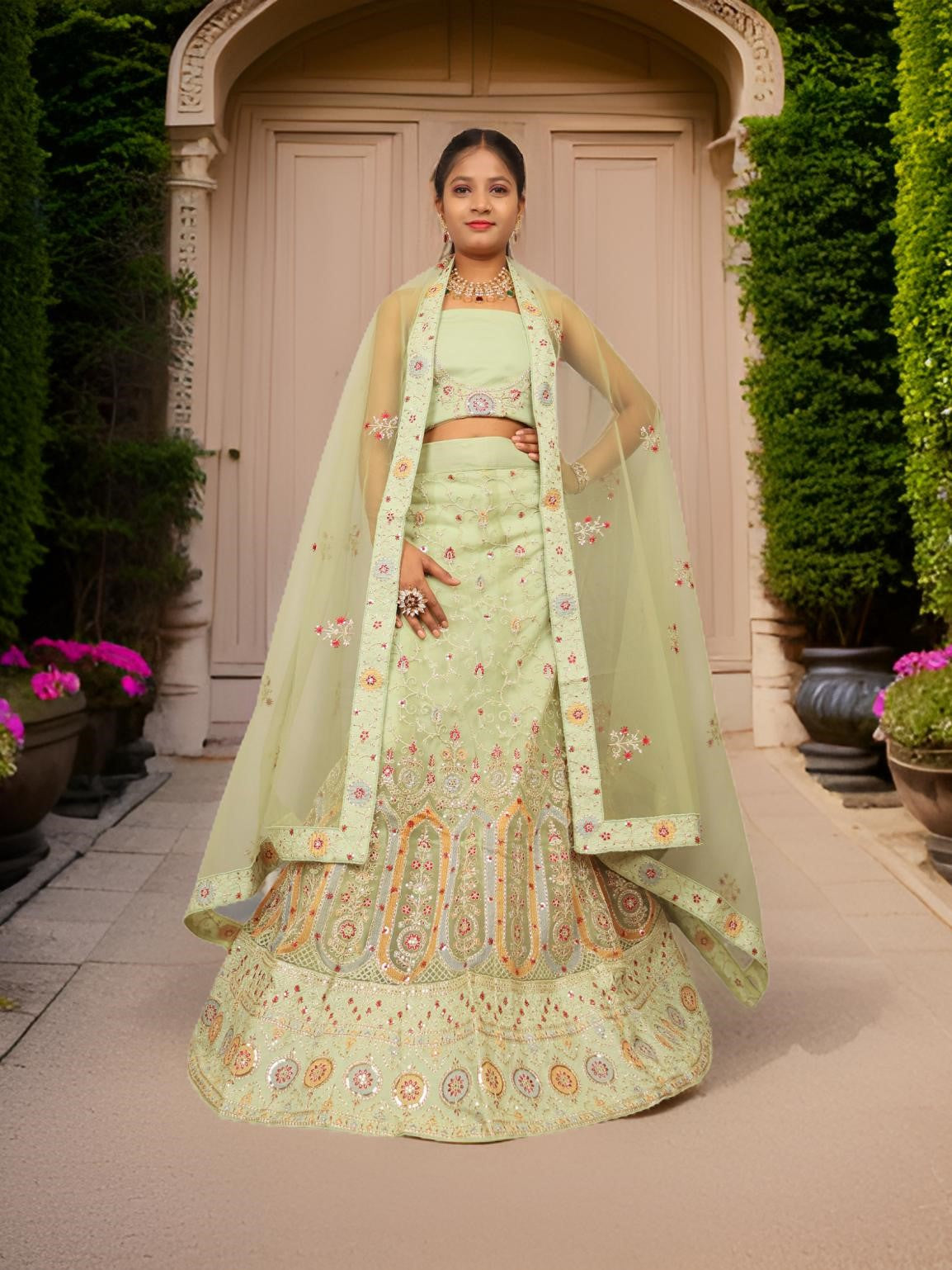 Semi-Stitched Lehenga with Embroidery & Zari Thread Work by Shreekama