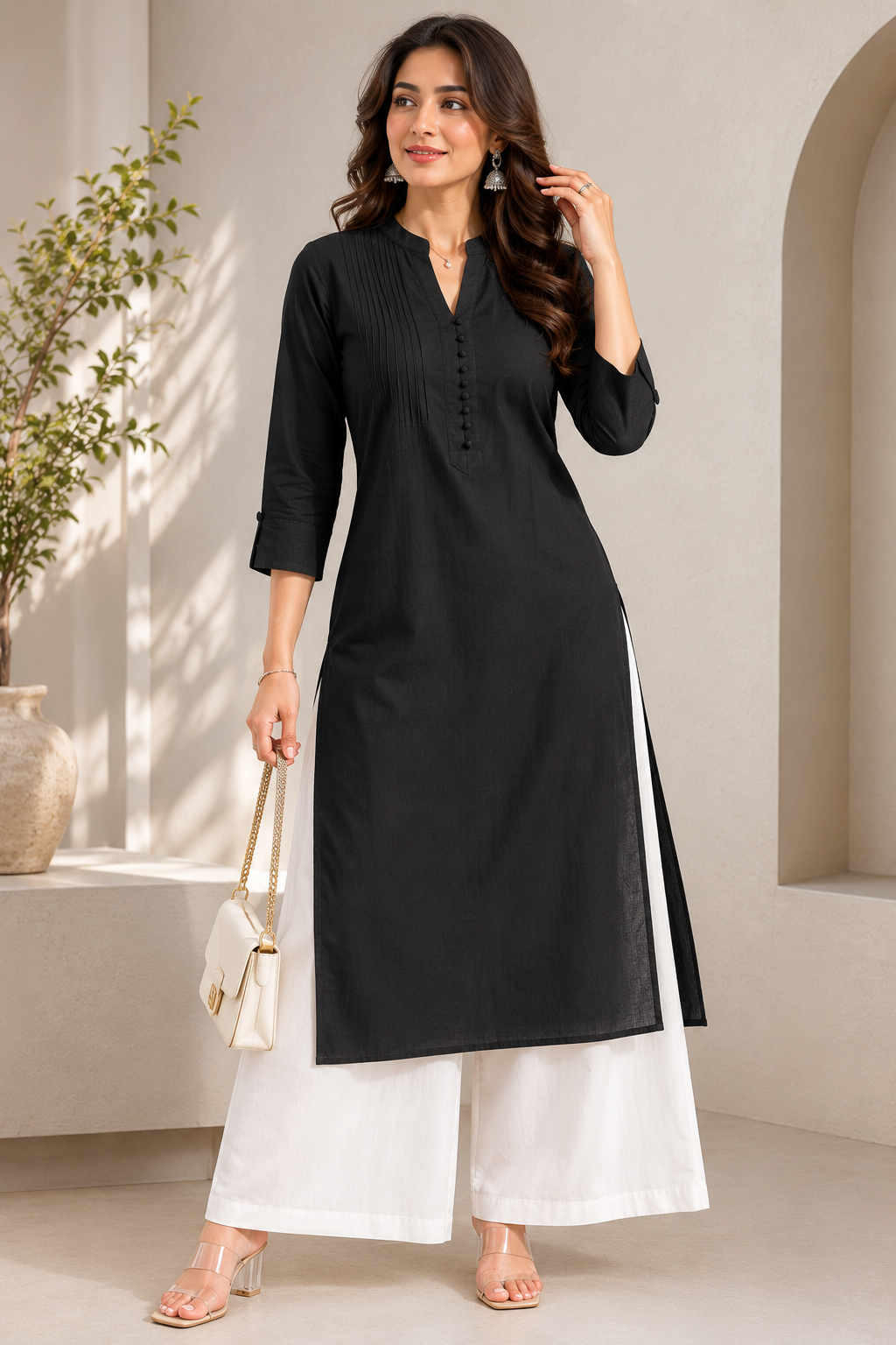 Mahima Black Pintuck Straight Kurta with White Palazzo Set