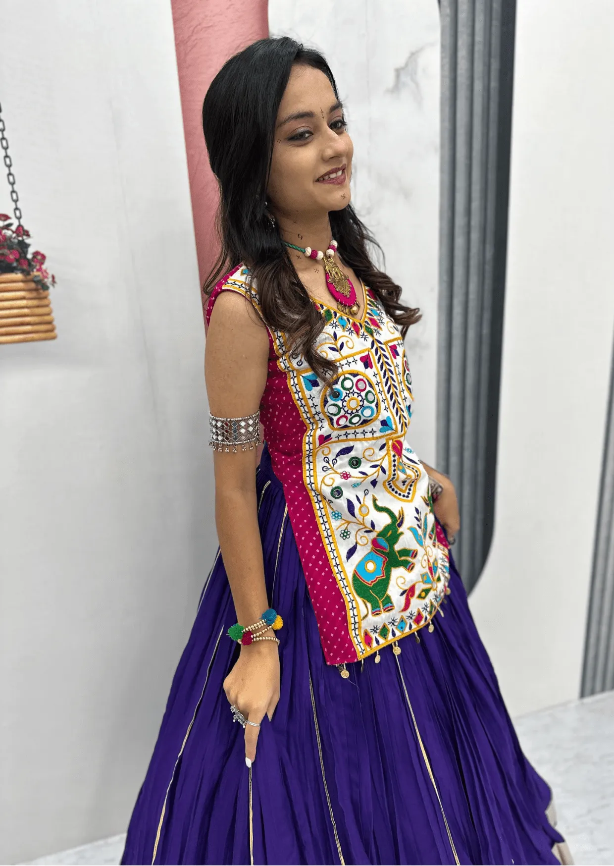 Royal Gamathi Mirror Work Choli & Cotton Lumpi Border Lehenga Set