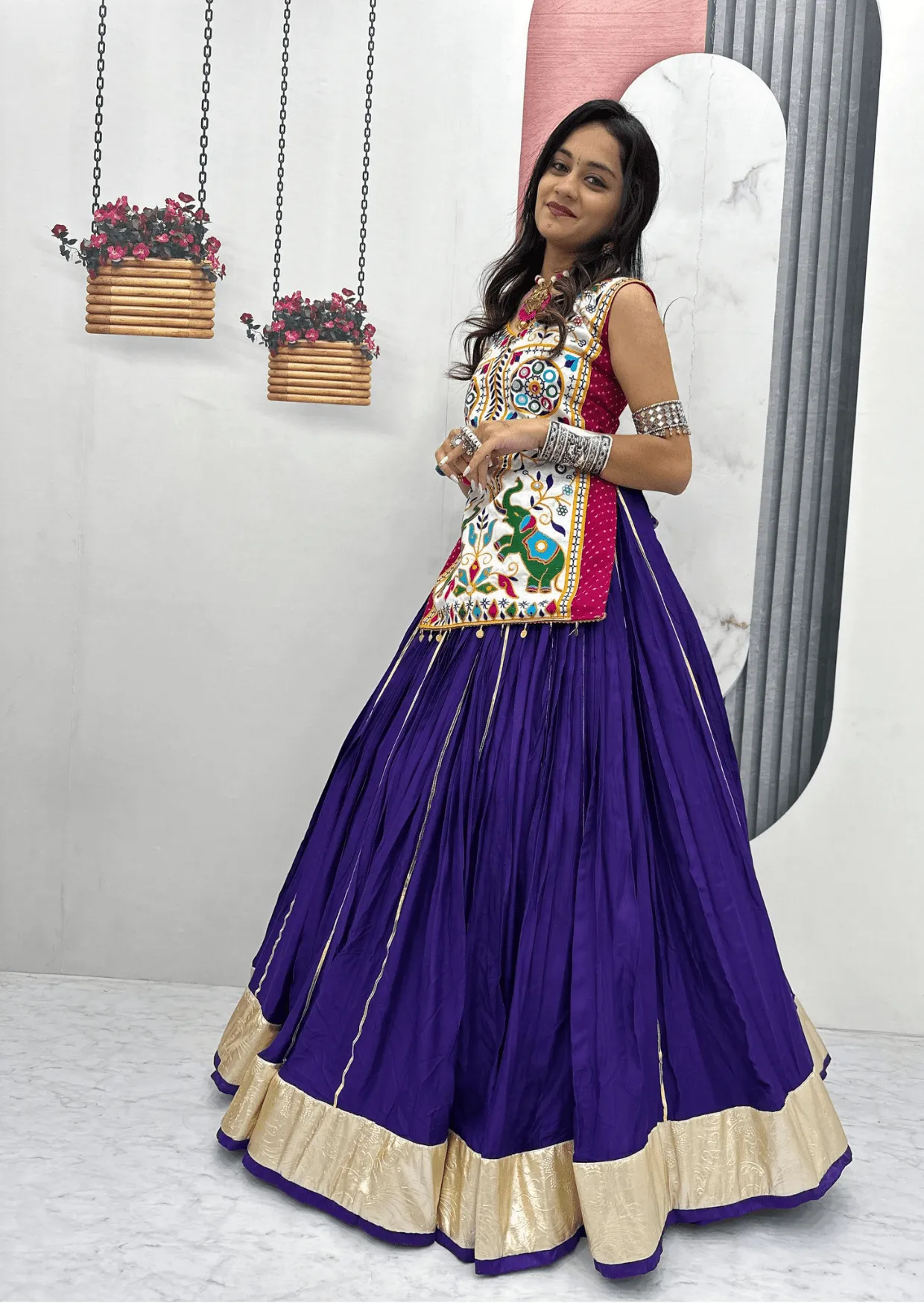 Royal Gamathi Mirror Work Choli & Cotton Lumpi Border Lehenga Set