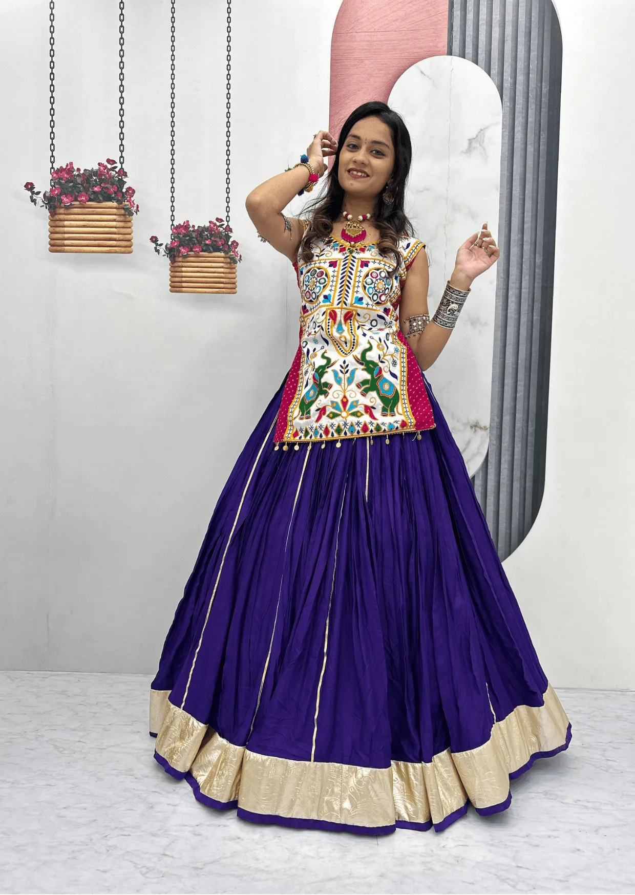 Royal Gamathi Mirror Work Choli & Cotton Lumpi Border Lehenga Set