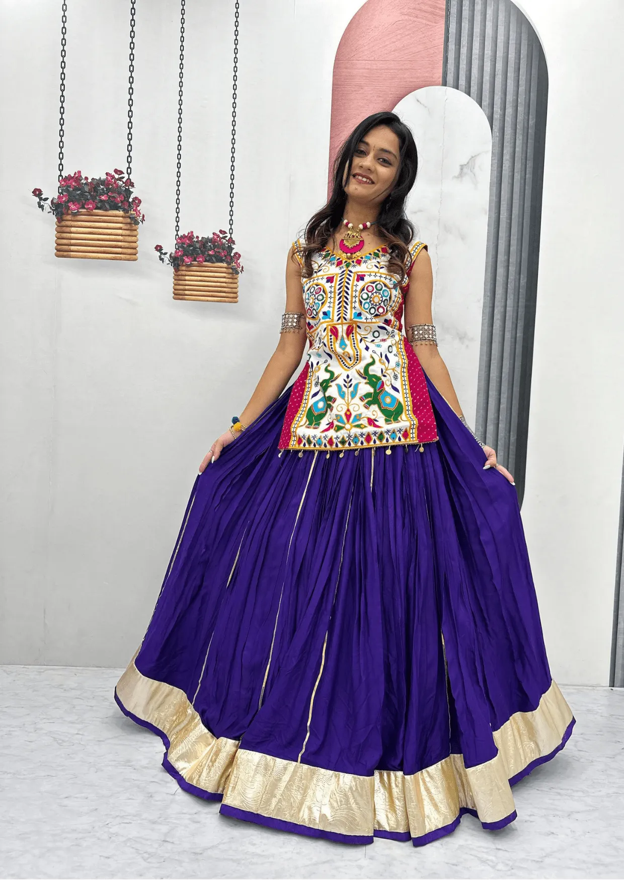 Royal Gamathi Mirror Work Choli & Cotton Lumpi Border Lehenga Set